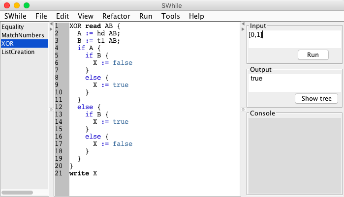 Screenshot of the SWhile program