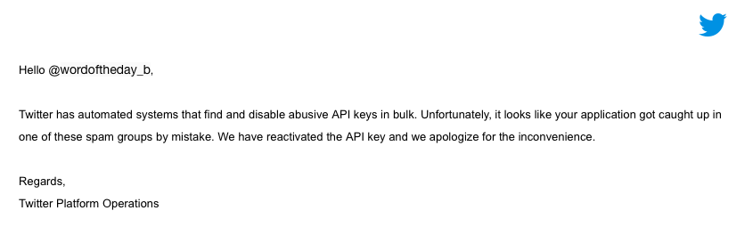 An email from Twitter Support apologizing for banning my account